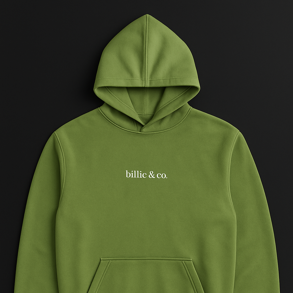 Olive green hoodie featuring a front pocket and “billie & co.” embroidered in white text on the chest, displayed flat on a dark background.